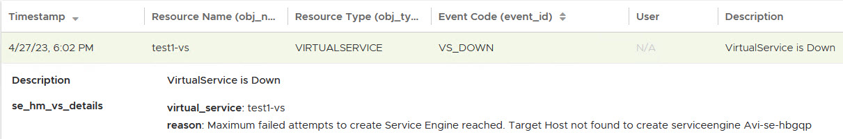 Maximum failed attempts to create Service Engine reached